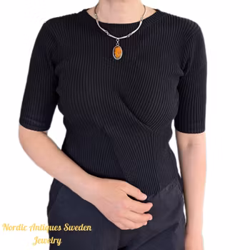 Unique Scandinavian design pewter necklace with Baltic amber #2939 (Free shipping)