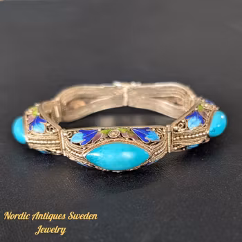 Chinese filigree and enamel handmade silver jewelry bracelet with natural turquoise #2956 *Free Shipping*