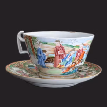 Chinese antique rose mandarin teacup and saucer, Late Qing #2970 and #2971