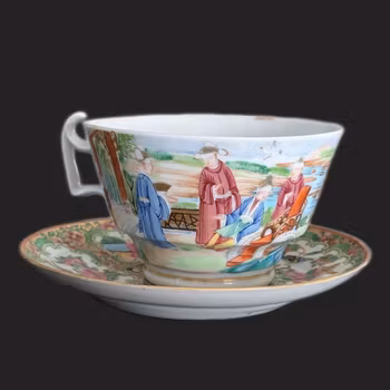 Chinese antique rose mandarin teacup and saucer, Late Qing #2970 and #2971