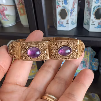 Chinese filigree handmade gilt silver filigree jewelry bracelet with amethyst stones #2972
