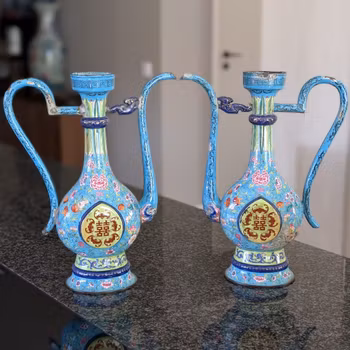 A pair of Chinese antique Canton Enamel on Copper wine ewers, early 18th c #2975, 2976