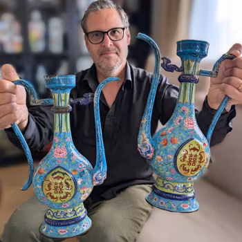 A pair of Chinese antique Canton Enamel on Copper wine ewers, early 18th c #2975, 2976
