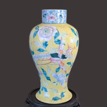 Chinese antique yellow scraffito ground with double pheonixes , 19th #2988