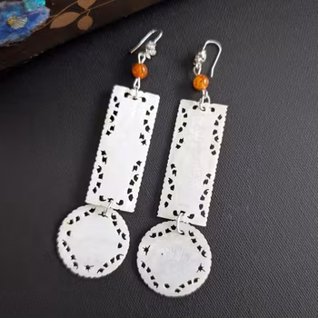 Unique design earrings with antique Chinese mother of pearl gaming counters chips tokens #2989