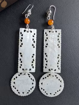Unique design earrings with antique Chinese mother of pearl gaming counters chips tokens #2989