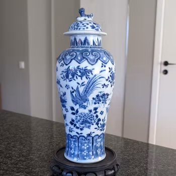 Chinese antique blue and white vase with birds , Late Qing #2999