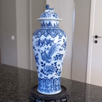 Chinese antique blue and white vase with birds , Late Qing #2999