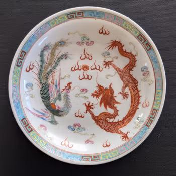 Chinese antique saucer dish with dragon and pheonix, Guangxu Mark, Late Qing / Republic #3000