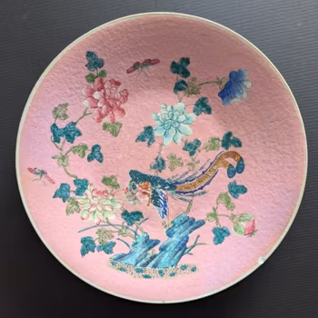 Chinese antique pink ground phoenix charger, 19th c #3006
