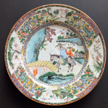 Chinese antique rose mandarin dish with old man and donkey, Late Qing #3008