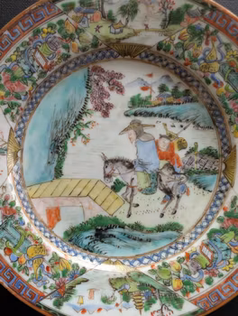 Chinese antique rose mandarin dish with old man and donkey, Late Qing #3008