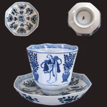 Chinese antique teacup and saucer, Kangxi revival. 19th century #3013