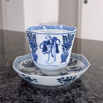 Chinese antique teacup and saucer, Kangxi revival. 19th century #3013
