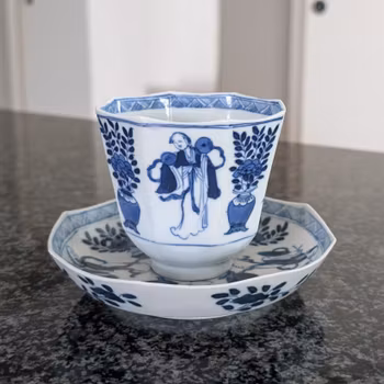 Chinese antique teacup and saucer, Kangxi revival. 19th century #3013