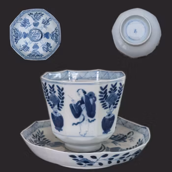 Chinese antique teacup and saucer, Kangxi revival. 19th century #3015