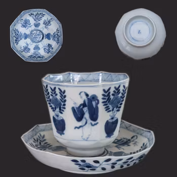 Chinese antique teacup and saucer, Kangxi revival. 19th century #3015