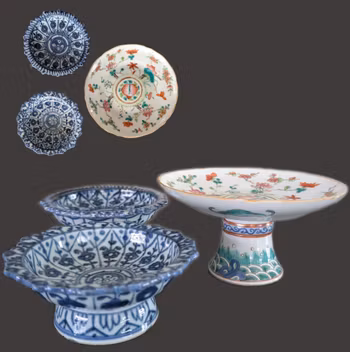 3 Chinese antique altar bowls on foot / tazza, Late Qing #3017, 3018, 3019