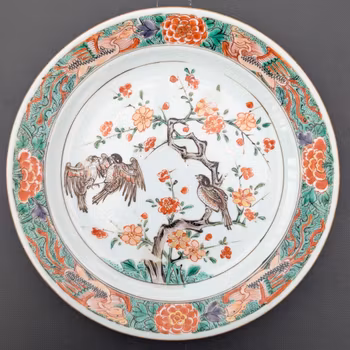 Chinese antique wucai decorated plate with birds, Kangxi period #3020
