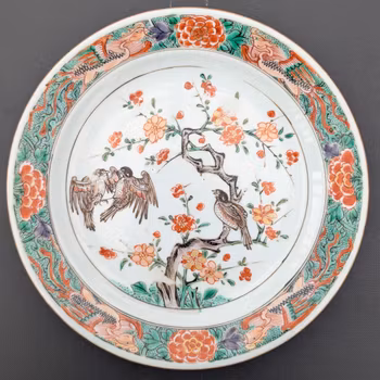 Chinese antique wucai decorated plate with birds, Kangxi period #3020