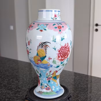 Chinese antique famille rose vase with double roosters, Yongzheng / Qianlong 18th c #3027