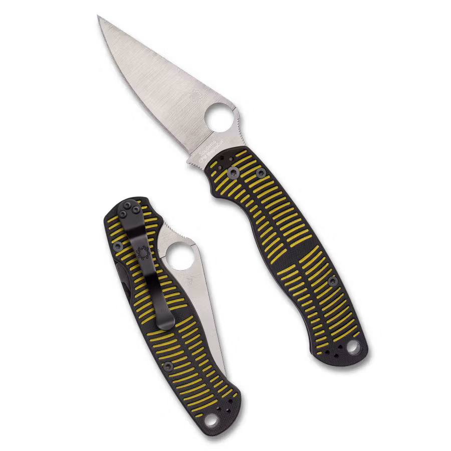 Spyderco Para Military 2 Salt fällkniv med G10-handtag i svart och gult och satinerat blad
