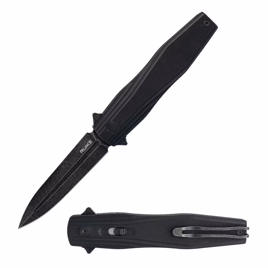 Ruike P188-B Black fällkniv med spear point-blad i D2 och svart G10-handtag