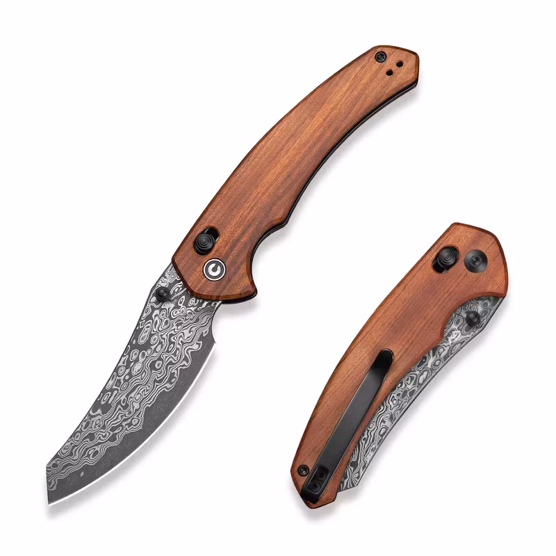 CIVIVI Sixgill Damaskus fällkniv med etsat damaskusblad och trähandtag