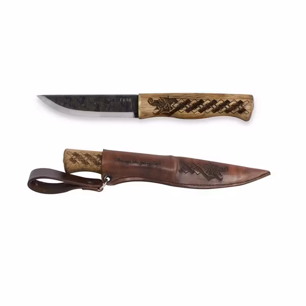 Condor Norse Dragon vikingakniv med svart blad med runor, bränt hickoryhandtag med drake och läderslida