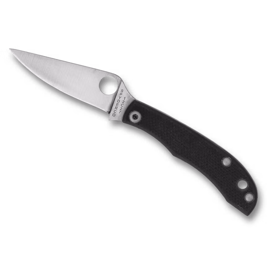 Spyderco Honeybee mycket liten fällkniv med svart G10-handtag och runt hål i bladet
