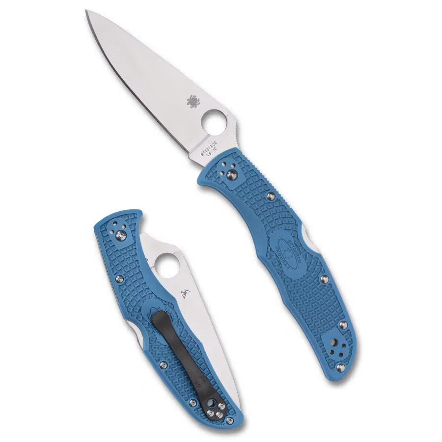 Spyderco Endura 4 Flat Ground fällkniv med blått texturerat FRN-handtag och flatslipat blad