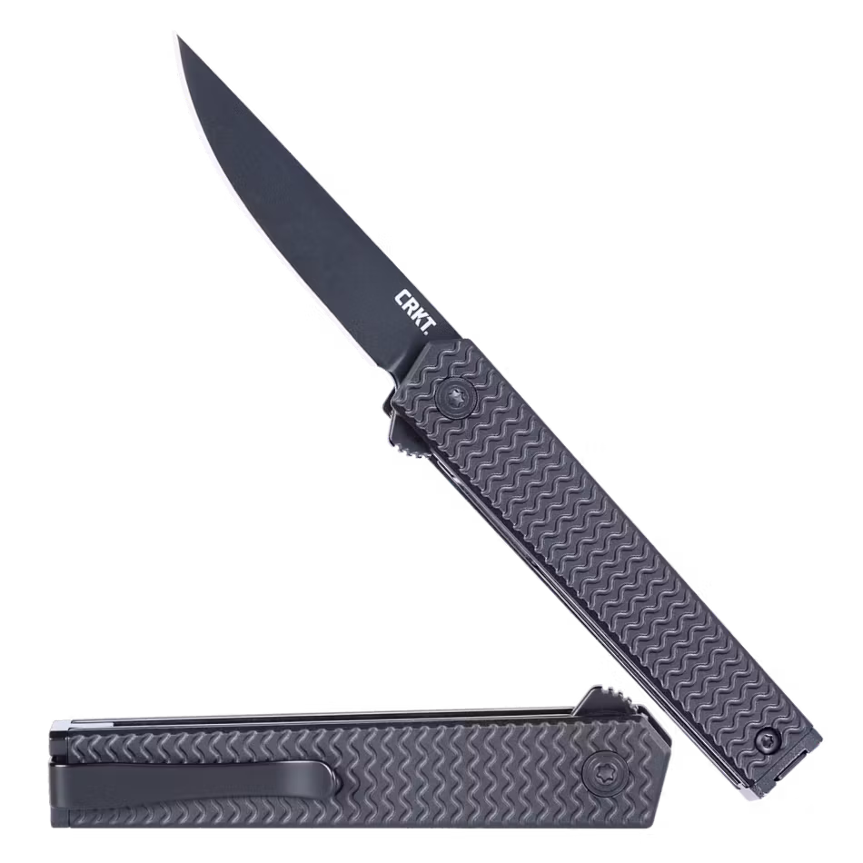 CRKT CEO Microflipper Black liten fällkniv med svart mönstrat aluminiumhandtag och svart blad i D2