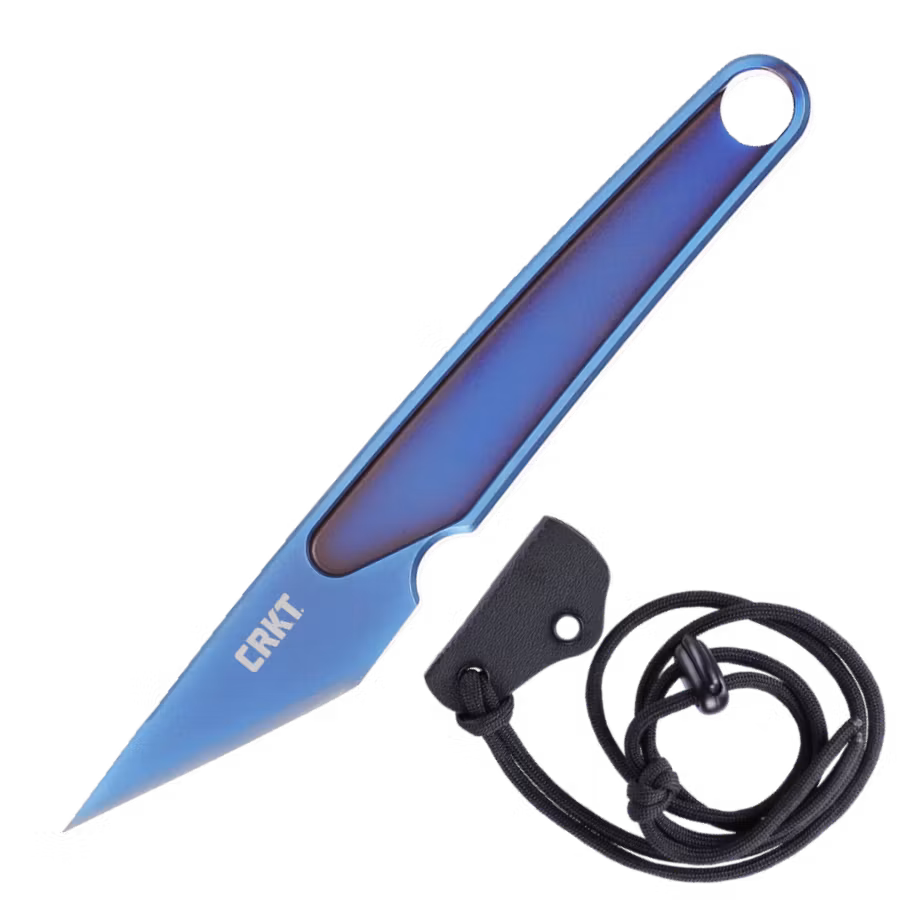 CRKT HangTi Blue halskniv i blått titan med kiridashiblad och slida med halssnodd