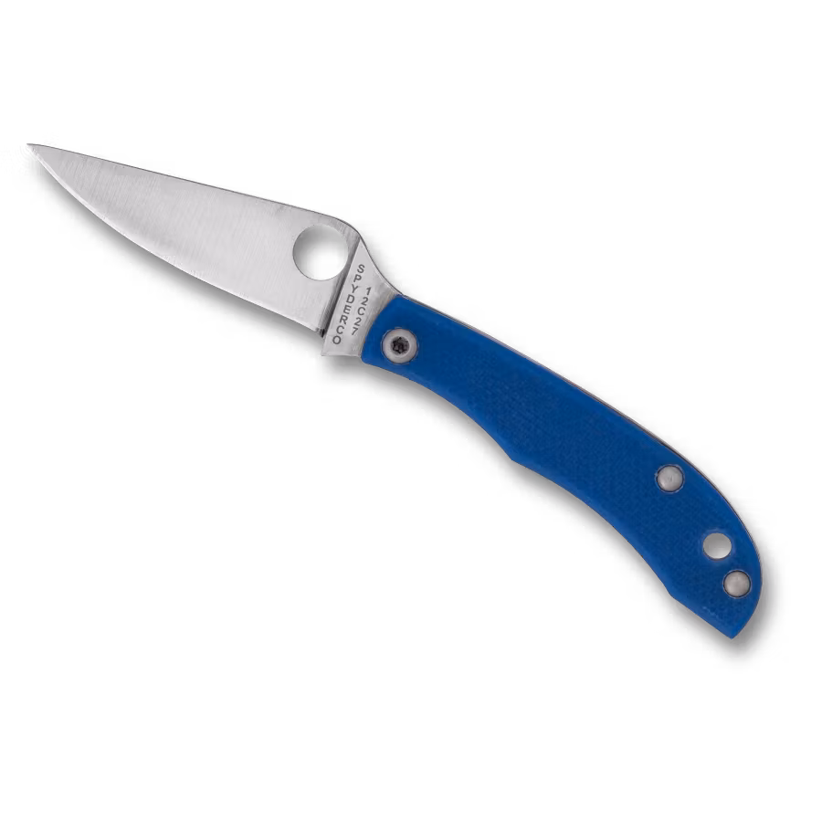 Spyderco Honeybee mycket liten fällkniv med blått G10-handtag och runt hål i bladet