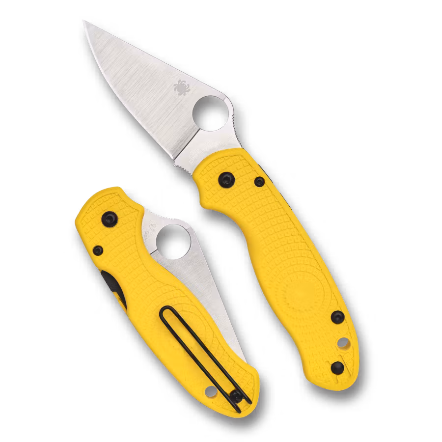 Spyderco Para 3 Lightweight Salt fällkniv med gult FRN-handtag och svart trådclip