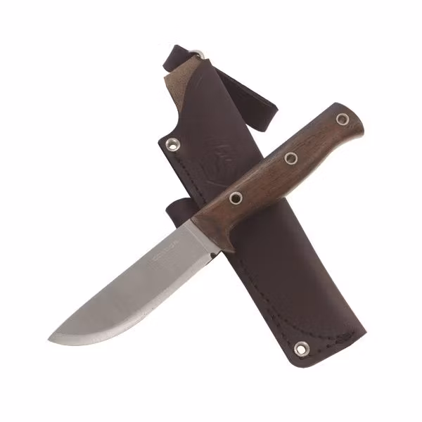 Condor Swamp Romper bushcraftkniv med polerat blad, valnötshandtag och mörkbrun läderslida