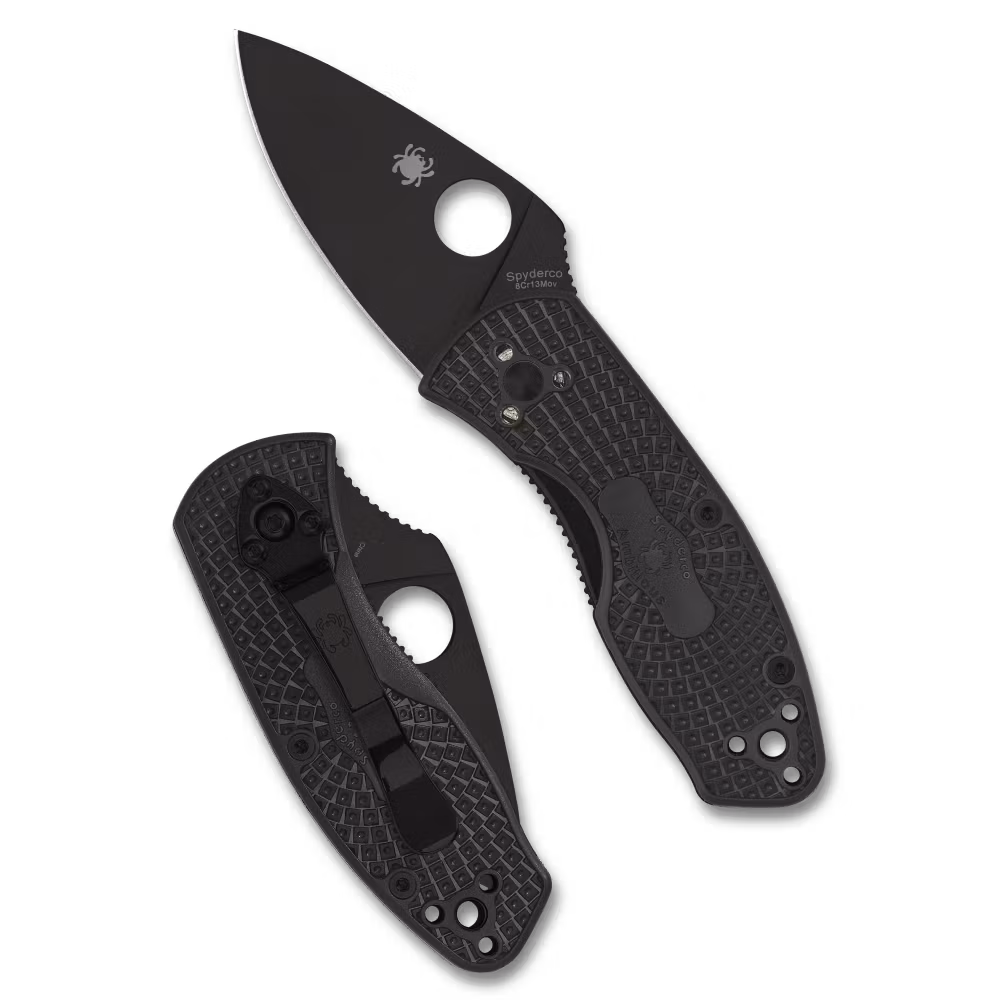 Spyderco Ambitious Lightweight Black Blade fällkniv med svart oxidbelagt blad och svart FRN-handtag med rutmönster