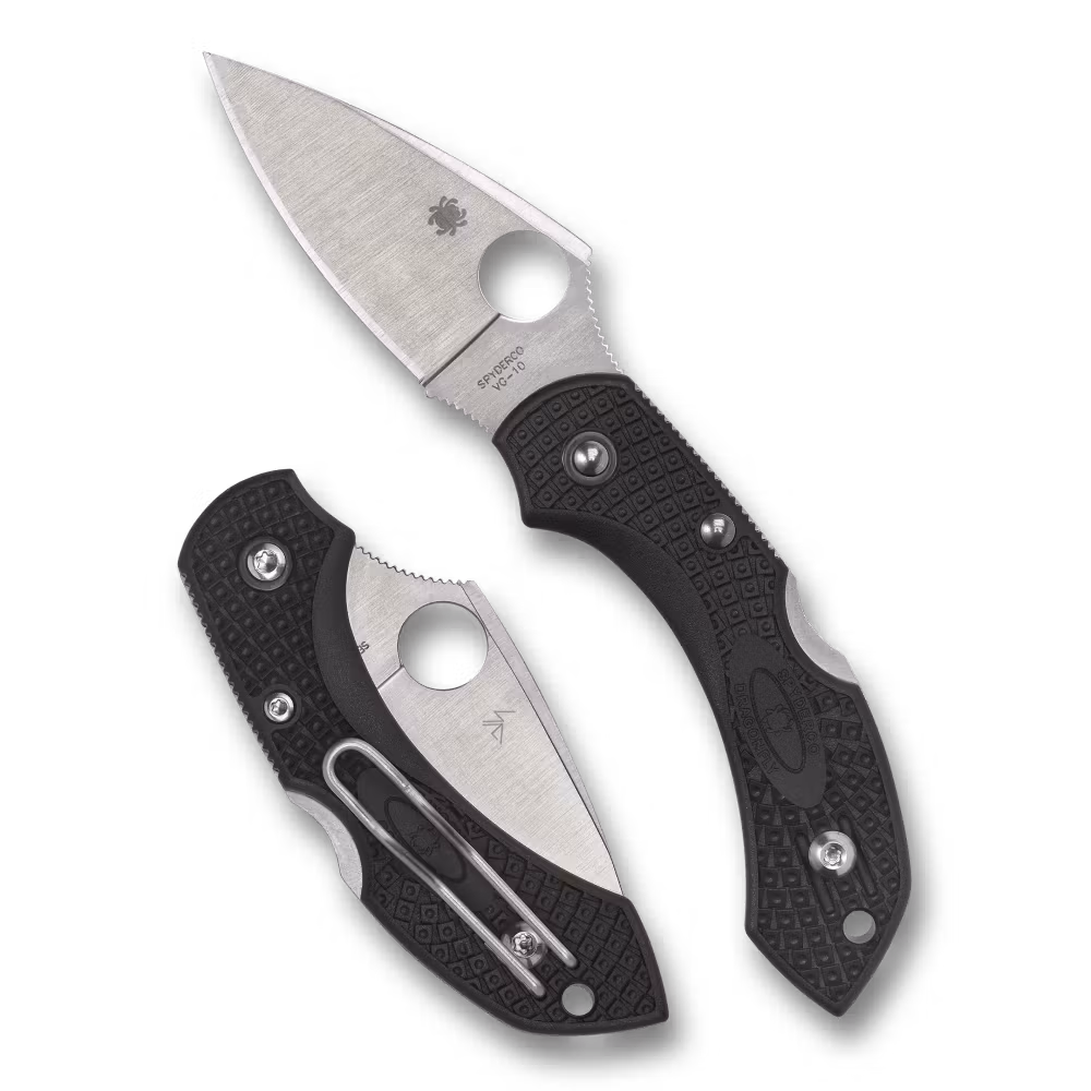 Spyderco Dragonfly 2 liten fällkniv med svart FRN-handtag, fingerskåra och trådclip