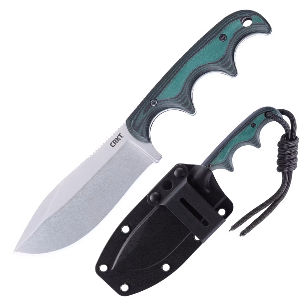 CRKT Minimalist Nessmuk halskniv med nessmukblad i D2, grönsvart micartahandtag och svart slida