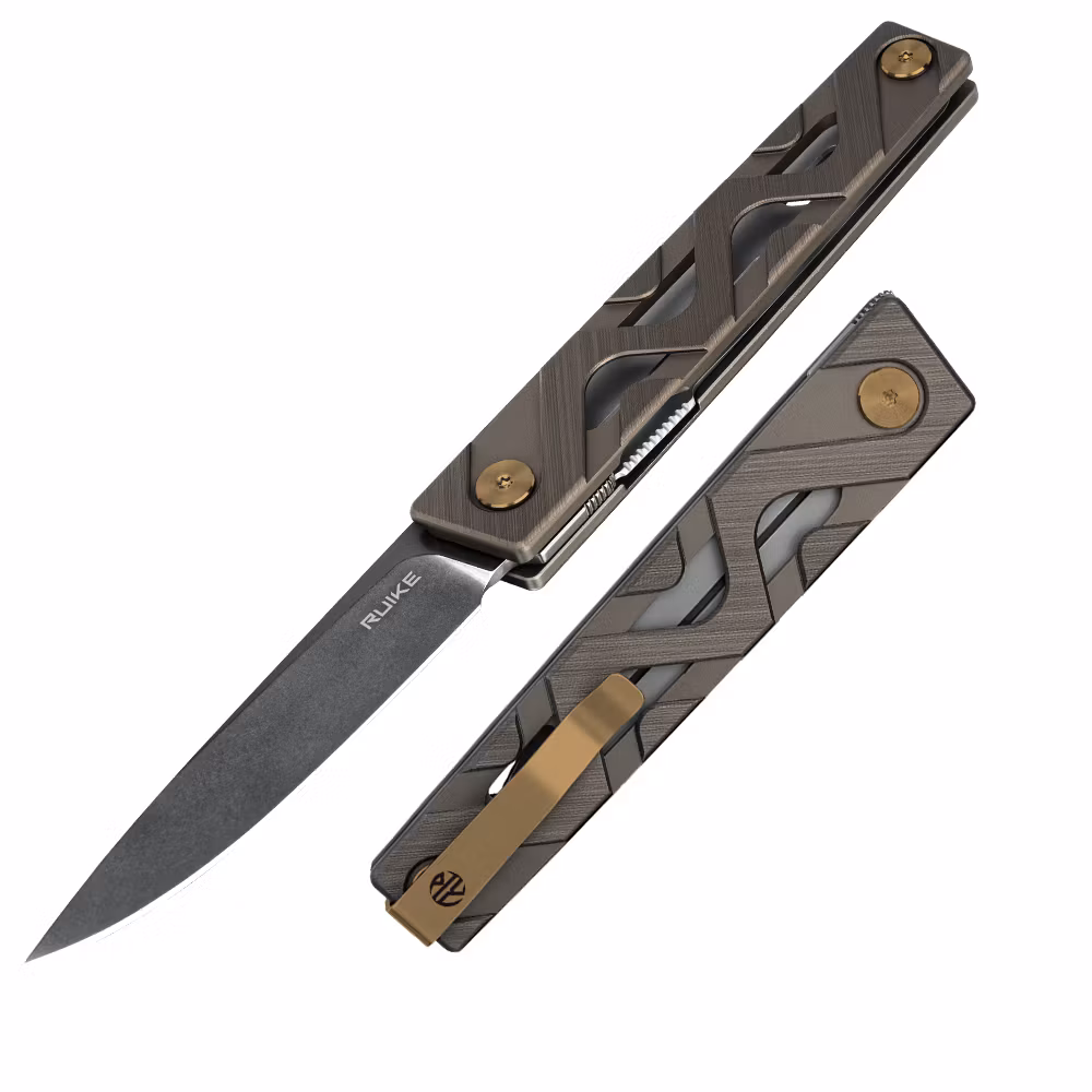 Ruike P878-AK lätt fällkniv med mönstrat aluminiumhandtag och stonewash-blad i 14C28N
