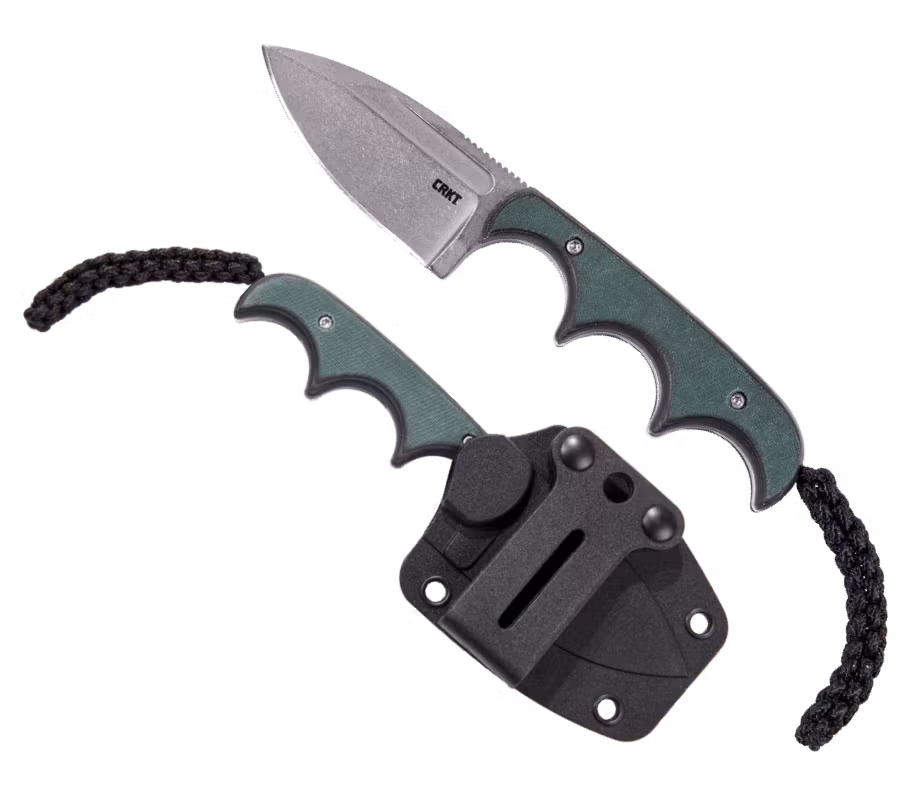 CRKT Minimalist Spear Point liten kniv med fast spjutblad, grönt micartahandtag och svart slida