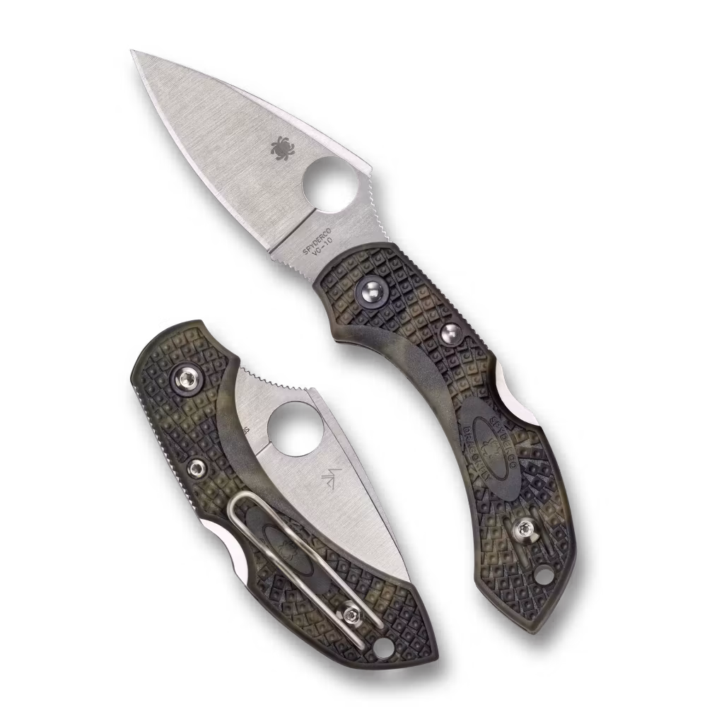 Spyderco Dragonfly 2 Zome Green liten fällkniv med handfärgat FRN-handtag i grönt och svart mönster
