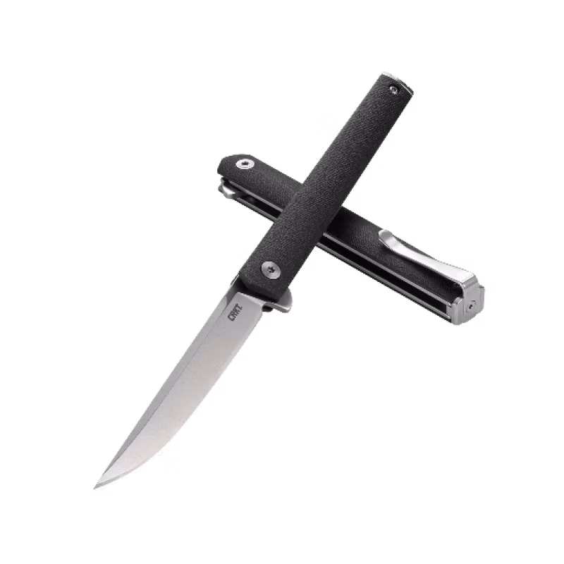 CRKT CEO Flipper Satin fällkniv med svart FRN-handtag och blankt satinpolerat clip point-blad