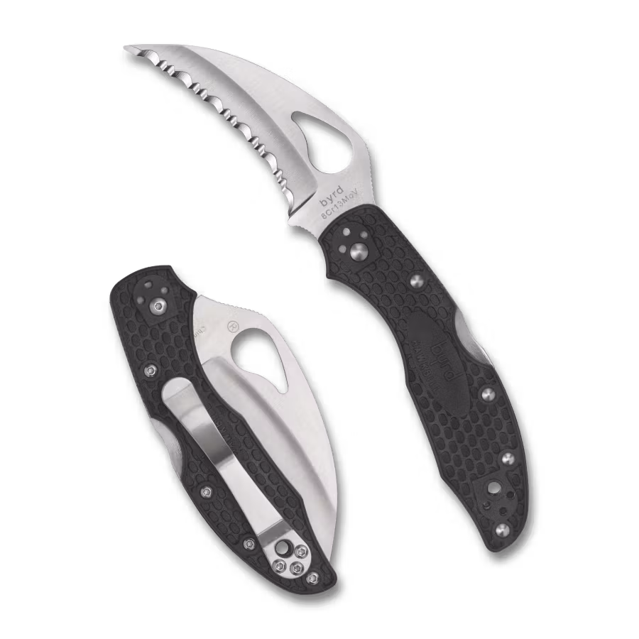 Spyderco Byrd Hawkbill fällkniv med inåtböjt, helt tandat blad och svart FRN-handtag