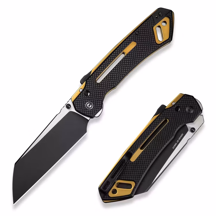 CIVIVI Buster FG fällkniv med grovt svart G10-handtag, guldfärgade liners och svart sheepfoot-blad