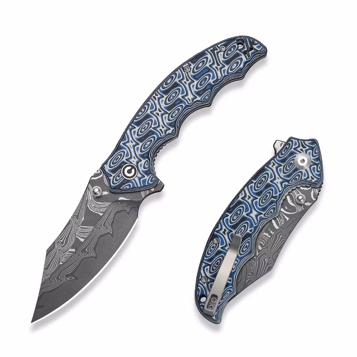 CIVIVI Pentad fällkniv med damaskusblad och virvlad Micarta i blått, vitt och svart