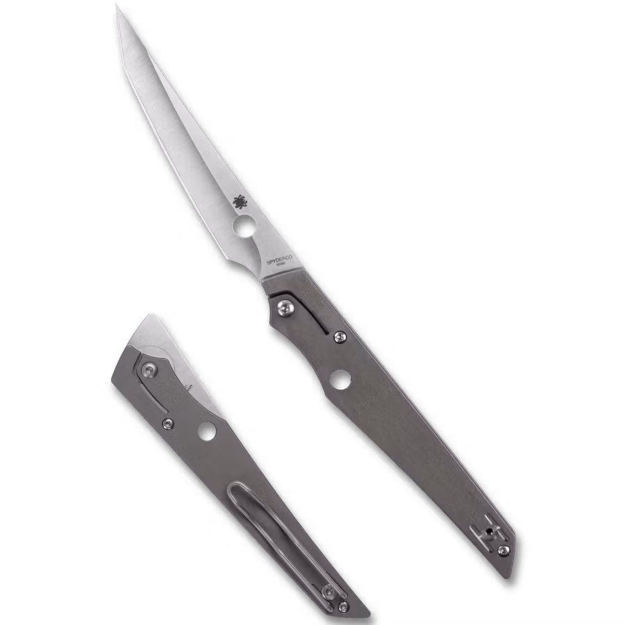 Spyderco COBOL fällkniv med grått titanhandtag, trådclip och blad i M390 med tanto-spets