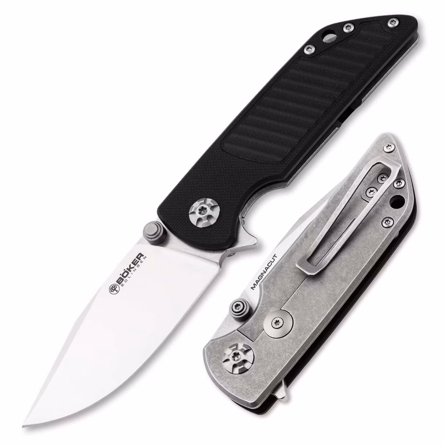Böker Solingen Sherman EDC II fällkniv med svarta G10-skal med diagonala greppspår, clip point-blad i MagnaCut och tip-up-clip