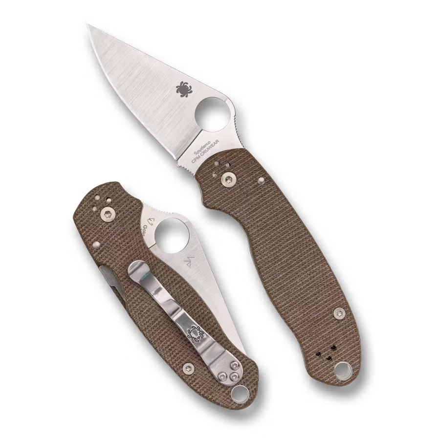 Spyderco Para 3 Micarta fällkniv med handtag i brun canvas-Micarta och satinerat blad i Cru-Wear