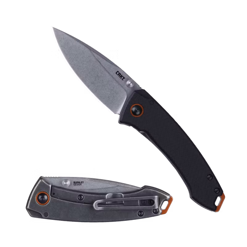 CRKT Tuna Compact Black fällkniv med svart G10, stonewashat blad och orange axelbricka